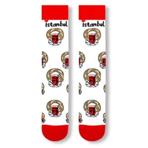 Calcetines con Diseño de Simit y Té, Temática de Estambul, Transpirables, Desechables, Talla Única, con Estampado Bordado de Dibujos Animados, para Uso Diario, Verano e Invierno, hasta la Rodilla - Product Image 1