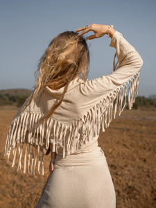 Camisa de flecos bohemios beige Vestido de fiesta largo teñido liso de punto de algodón de gran tamaño y bata ritual - Product Image 4