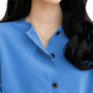 Women Solid Blue Knit <b>Cardigan</b> <b>Sweater</b> Long Sleeve Button Front Round Neck Casual Simple Spring Fashion Top Office Daily Wear - Product Image 3