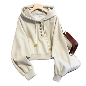 Sudadera con Capucha de Punto para Mujer, Nueva Colección Otoño Invierno, con Botones Decorativos, Forro de Terciopelo, Gruesa, Holgada, de Manga Larga - Product Image 4