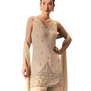 OffWhite Hand Embroidered <b>Kurta</b> Sharara <b>Set</b> with Dupatta <b>for</b> Bridal Wedding Reception Festive Party Occasion Wear - Product Image 2