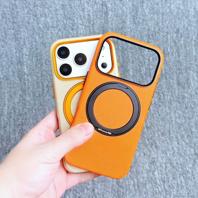 Orange Woven Faux Leather Magnetic Phone Case with 360 Rotating Ring Stand for iPhone 15 16 17 18 Pro Max