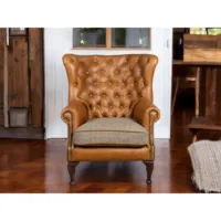 Fauteuil Chesterfield contemporain à dossier haut, une place, revêtement écologique en cuir véritable et pieds en bois pour salon