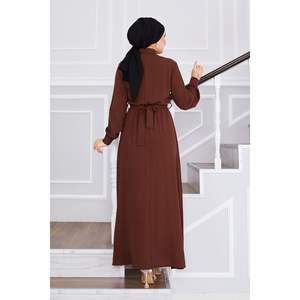 <b>Brown</b> Modest Dress with Stone Detail Waist Pleating HiジャBrow - Product Image 4