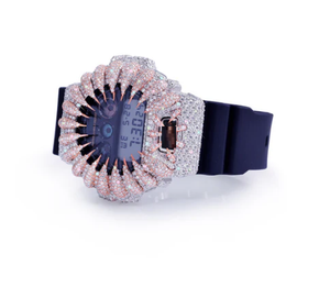 Montre en acier inoxydable or rose avec cadran à accent crâne, boîtier rond, résistance à l'eau 10 bars, bracelet bleu marine - Product Image 2
