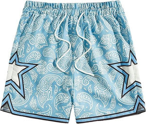 Custom <b>Light</b> Blue Paisley Print Mesh Basketball Shorts with <b>Star</b> Panels Breathable Sportswear for Men Gym or Streetwear OEM - Product Image 1