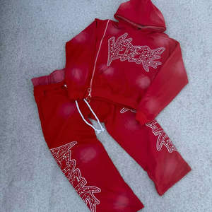 Custom Streetwear Side Zip up Rhinestone Hoodie Tracksuit <b>Jogging</b> Sweatsuit Jogger Double Waist Flared Sweatpants and Hoodie Set - Product Image 1