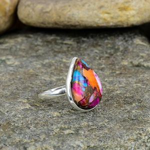 Bague bohème chrétienne vintage en argent sterling 925 massif avec turquoise naturelle Kingman rose épineuse, taille poire 9x12mm, sertie clos - Product Image 3