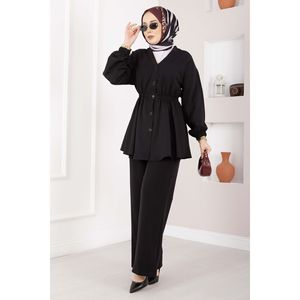 Conjunto de Túnica Casual Negra de Crepé con Cintura Ajustada de Silva, Blusa Larga con Estampado Floral y Lazo en el Cuello, Talla XL para Primavera - Product Image 2
