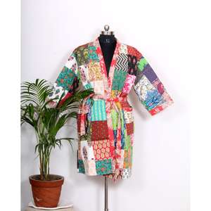 Étnico Indigo Kantha acolchado Kimono chaqueta hombro tejido a mano impreso algodón Elegante ropa festiva exportador indio cordón - Product Image 3