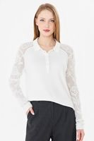Elegante Blusa de Punto con Cuello Alto para Mujer - Blusa de Tricot Blanca con Patrón de Rosas y Encaje, Manga Larga, Estilo Chic