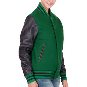 Chaqueta Estilo Universitario Verde Oscuro y Negra, Mangas Estilo Cuero, Forro Acolchado, Ribete a Rayas, Ropa Urbana - Product Image 3