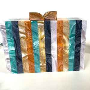 Sac à main en résine multicolore à blocs de couleur, imitation perle, plaqué or, vintage, papillon, charme solide, ensemble complet, mariage pour femmes - Product Image 2