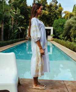 Amersham Midi <b>Dress</b> with Contrast <b>Gold</b> Lurex Soft Cotton Woven Weave Tree Life Applique Easy to Wear with Natural Waistline - Product Image 3