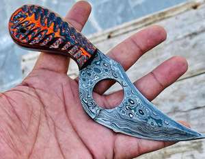 Couteau à dépecer en acier Damas fait main, lame fixe en acier, couteau de chasse avec crochet, fourreau en cuir et qualité personnalisable OEM - Product Image 1