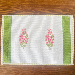 Hand Block Printed Cotton <b>Placemat</b> Set: Red & Pink Striped Table Linens - Product Image 2