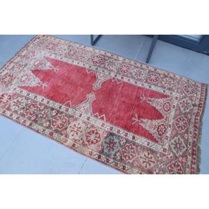 3.7x6.7 ft Area Vintage Turkish Rug, <b>Red</b> Polka dot <b>Wool</b> Rug - Product Image 4