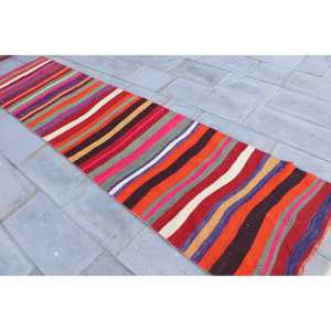 Turkish <b>Runner</b> Rug 2.8x10.8 ft, Vintage Kilim <b>Red</b> Ikat Wool Rug - Product Image 2