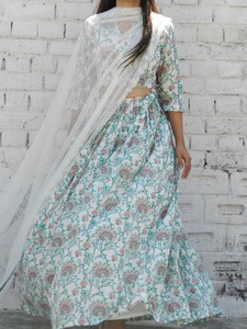Offwhite Green Lehenga Set Indian Fashion Styling Quality <b>Kurti</b> and Pants From Indian Manufacturer - Product Image 3