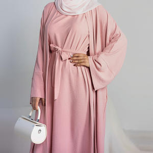 Ensemble de 2 pièces en polyester de couleur unie, Abaya Dubaï, vêtements islamiques pour femmes, anti-boulochage, robe intérieure modeste ouverte, vente en gros - Product Image 3
