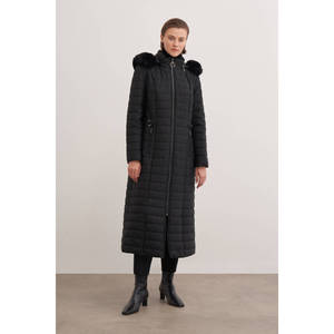 Veste longue rembourrée noire d'hiver coupe-vent à capuche avec détail en fourrure - Product Image 1