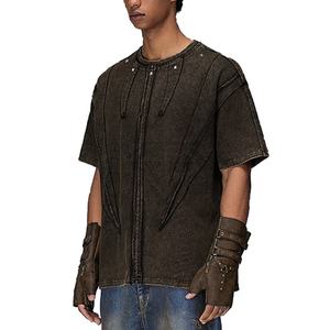 Nueva ropa de calle, camiseta de gran tamaño con hombros caídos, camisetas de manga corta con cuello simulado Vintage desgastadas para hombre, OEM - Product Image 5