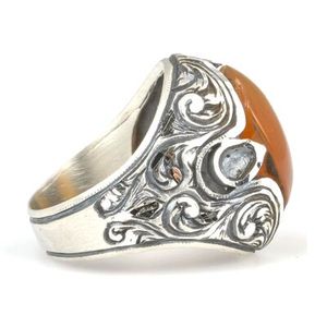 925 Sterling <b>Silver</b> Men's <b>Ring</b> <b>Emerald</b> Cut Diamond Handcrafted Oval Pressed Amber Stone Bezel Setting Rhodium for Everyday Wear - Product Image 3