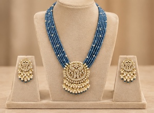TISHYA DIAMOND Ethnic Gold Plated Copper Alloy Necklace Earrings Set <b>Blue</b> <b>Beads</b> Brilliant Cut Moissanite Imitation Pearl Jewelry - Product Image 3