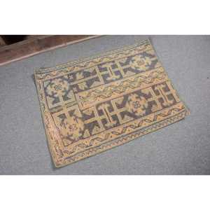 Vintage Turkish Small Eco-Friendly <b>Wool</b> Rug 1.6x2.1 ft (48x65 Cm) <b>Brown</b> Patchwork Latex Backing - Product Image 5