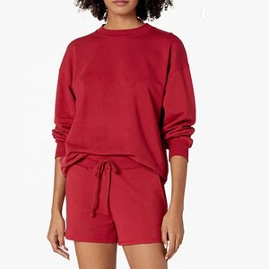 Spandex doux/Polyester femmes deux pièces sweat-shirt short ensemble surdimensionné pour porter coupe régulière décontracté confortable tenue solide genou - Product Image 6