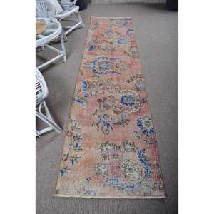 2.5x9.9 ft Turkish Rug, Vintage <b>Runner</b> Rug, <b>Red</b> Blue Polka dot Wool Rug - Product Image 1