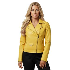 Veste de moto en cuir jaune de haute qualité pour femmes, vente en gros personnalisée, prix d'usine, style motard authentique, manteau pour femme, approvisionnement OEM - Product Image 1
