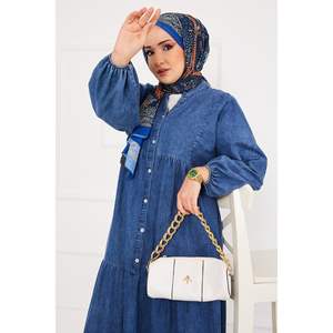 Robe en jean Hijab plissé bleu à moitié boutonné pour femme - Product Image 2