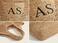 Sacs de plage en raphia brodés avec initiales monogramme, sac d'été en paille de raphia tressée ajourée pour enterrement de vie de jeune fille et cadeau de mariage pour demoiselle d'honneur