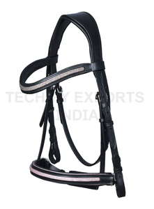 Bridon de cheval en cuir noir de qualité supérieure avec frontal et muserolle à paillettes – Équipement d'équitation anglaise - Product Image 2