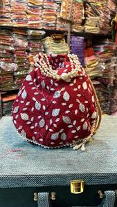 Designer Bottom Flat Ethnic Jaipuri Silk Indian Wedding Thread Work Leaf Vein Design on Silk <b>Potli</b> Wedding Favour Gift - Product Image 5