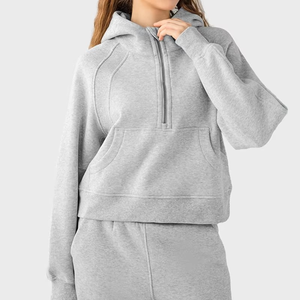 Polaire court à capuche demi-fermeture éclair lâche décontracté Sport manteau chaud sport à capuche vêtements de sport femmes sweats à capuche - Product Image 4