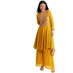 Costume chinon jaune Zardosi Kurta Palazzo Vente en gros Vêtements ethniques pour femmes Usine de vêtements OEM Fournisseur en vrac Mode personnalisée - Product Image 4