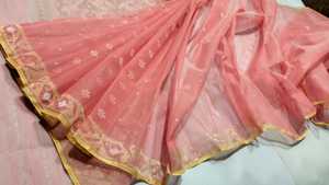 Exclusivo Deshi Dhakai naranja Jamdani Sharee calidad de exportación para mujeres JAMDANI tela rojo verde dorado cielo azul de Bangladesh - Product Image 2