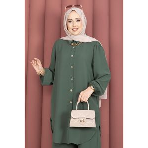 Conjunto de Hiyab Informal Color Caqui con Botones y Espalda Plisada, Tela Crepé Transpirable de Manga Larga para Mujer, Todas las Temporadas - Product Image 3