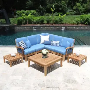 garden sofa set furniture made teak wood solid with sofa custions sky blue color for hotel furniture and villa fur
