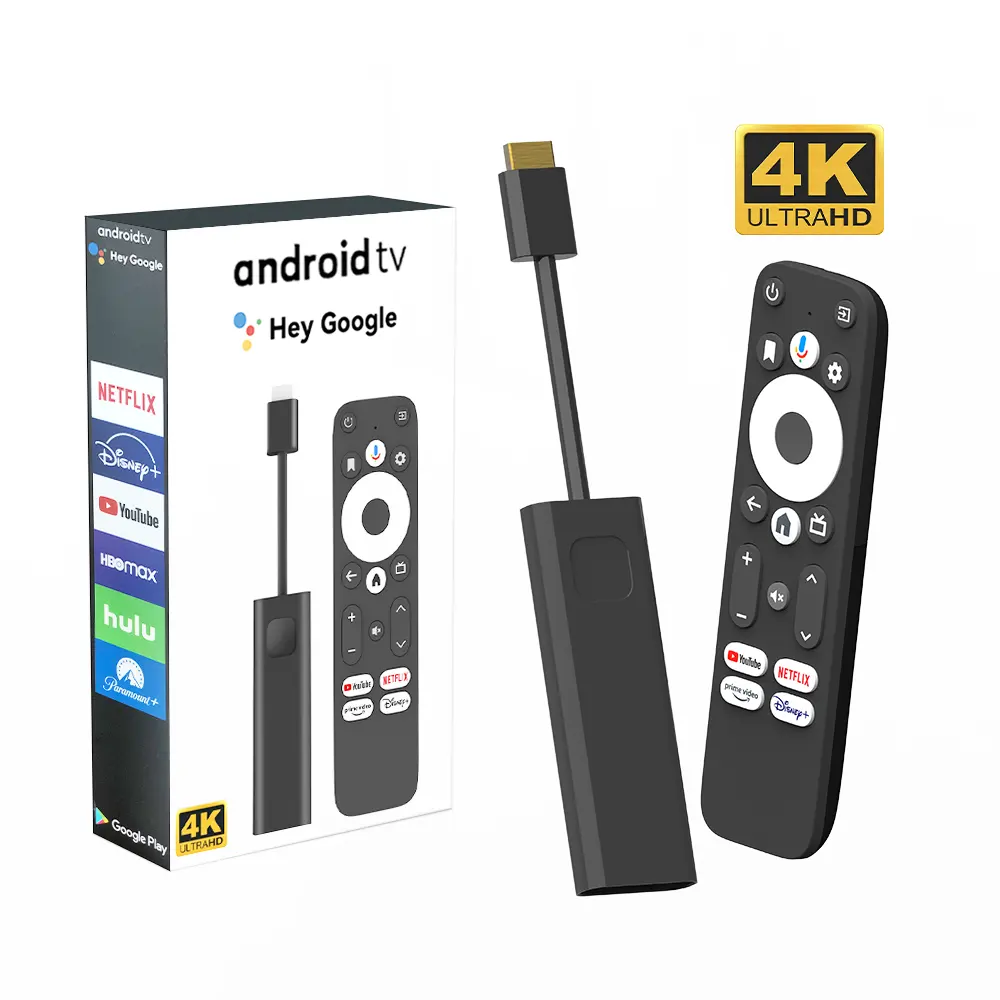 Caixa de TV inteligente Android 4K Quad Core Amlogic S905Y4 com controle de voz 2GB 16GB Dongle Android 11.0 com certificação de Google 2024