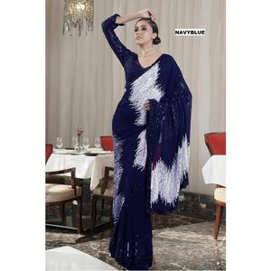 Sari de soirée élégant en georgette brodée, dernière tenue ethnique indienne, style designer, stock disponible, commandes en gros bienvenues - Product Image 1