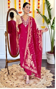 <b>Indian</b> Boutique Viscose Chanderi Digital Printed Women's Embroidered Kurti Pant With Nylon Jacquard <b>Fabric</b> Dupatta For Lady Wear - Product Image 2