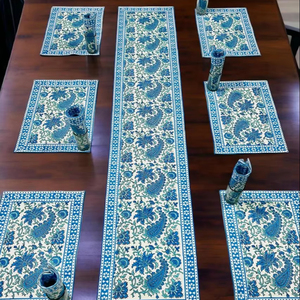 Chemin de table en coton doux de luxe pour table à manger 6 places de couleur bleue - Product Image 1