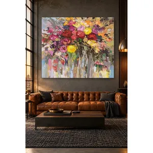 Impression sur toile de bouquet de roses rouges et jaunes avec technique du couteau à palette Fida - Product Image 3