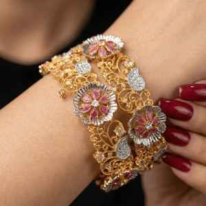 Premium Quality Silver/Gold Plated Brass Indian Ethnic Flower Design Wedding Bridal Bangles Sets Trendy Fashion Pearl Churiyan - Product Image 3