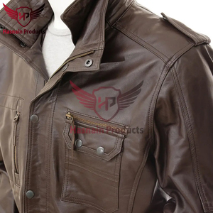 <b>Mens</b> Real Dark <b>Brown</b> <b>Leather</b> Field <b>Jacket</b> Stand Collar Cowhide Coat Shoulder Epaulets Cargo Pockets Custom Classic Warm Outwear - Product Image 5