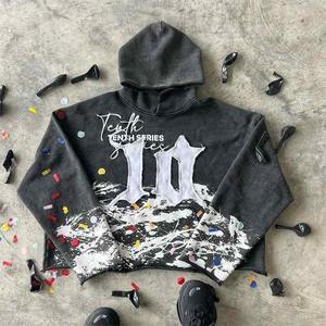 OEM Custom Manufacturer 3D Embroidery Distressed Patch Hoodies Print Cut and Sew Men Cropped Stone Acid Washed Hoodie - Product Image 1