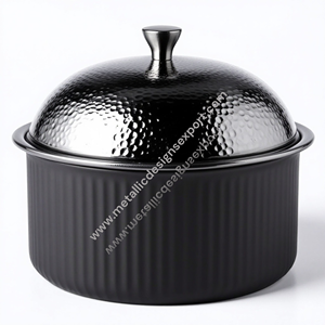 Casserole ronde moderne noire avec couvercle en métal martelé Batterie de cuisine élégante pour la décoration de la cuisine Chauffe-plats - Product Image 6